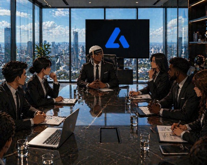 A business meeting scene shows several people in suits seated around a long reflective conference table, with a man in a keffiyeh at the head and a large screen displaying a blue logo behind him.