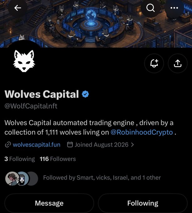 A Twitter/X profile page for 'Wolves Capital' (@WolfCapitalNFT), described as an 'automated trading engine, driven by a collection of 1,111 wolves living on @RobinhoodCrypto.'