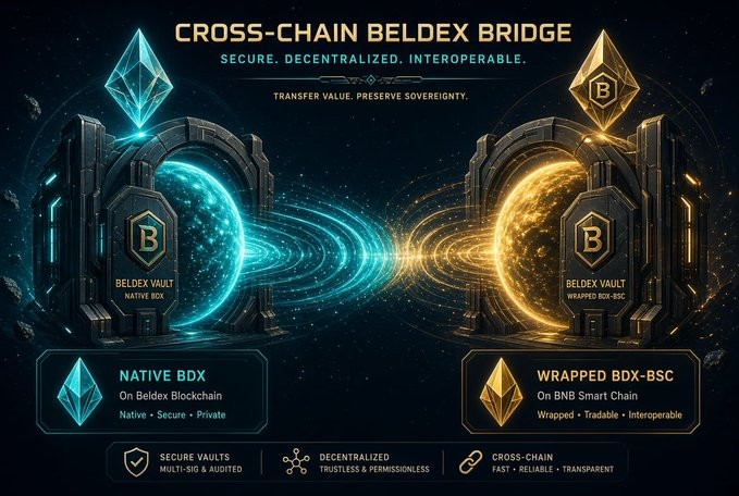 A promotional graphic for the 'Cross-Chain Beldex Bridge' showcases the transfer between 'NATIVE BDX' (blue) on the Beldex Blockchain and 'WRAPPED BDX-BSC' (gold) on BNB Smart Chain, featuring vaults labeled 'BELDEX VAULT' with tags like 'Secure. Decentralized. Interoperable.'