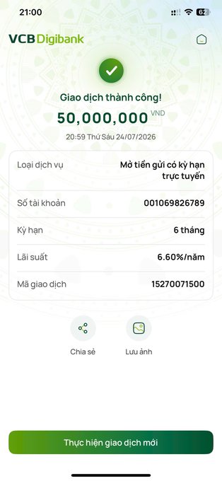 A successful transaction confirmation on the VCB Digibank app for 50,000,000 VND, showing a 6-month term deposit at 6.60% per year.