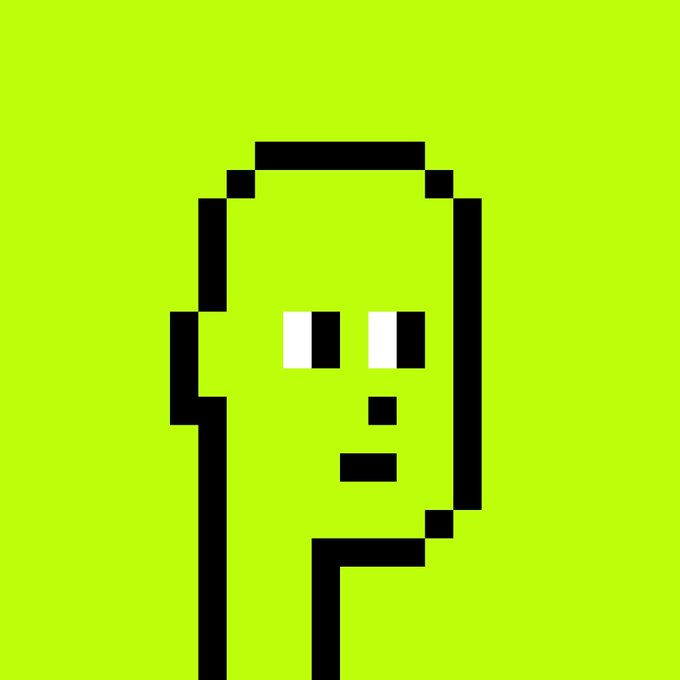 A pixel art-style minimalist portrait of a face in black and white against a bright lime green background.