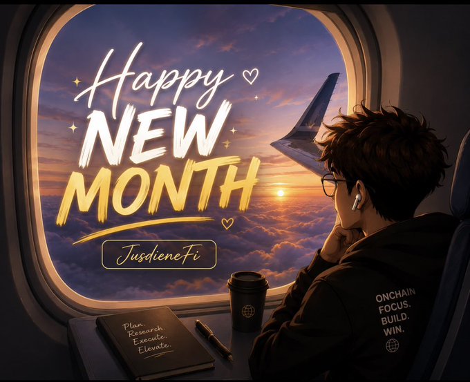 An illustrated digital artwork showing a young man with glasses looking out an airplane window at a sunset, with the text 'Happy NEW MONTH' and 'JusdieneFi', plus 'ONCHAIN FOCUS. BUILD. WIN.' on his jacket.