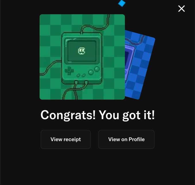 A digital receipt screen displays a pixel-art green Game Boy with a blue card behind it, featuring the text 'Congrats! You got it!' along with 'View receipt' and 'View on Profile' buttons.