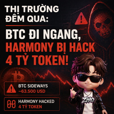 A Vietnamese news graphic about overnight markets reads 'THỊ TRƯỜNG ĐÊM QUA: BTC ĐI NGANG, HARMONY BỊ HACK 4 TỶ TOKEN!' alongside a cartoon avatar wearing sunglasses.