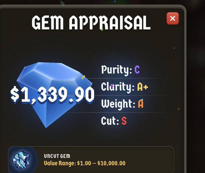 A gem appraisal screen displays a blue gem valued at $1,339.90 with stats of Purity C, Clarity A+, Weight A, and Cut S, identifying it as an Uncut Gem with a value range of $1.00–$10,000.00 from the game @playcambria, illustrating the player's recent lucky pull of over $1,300 despite the lower purity grade.