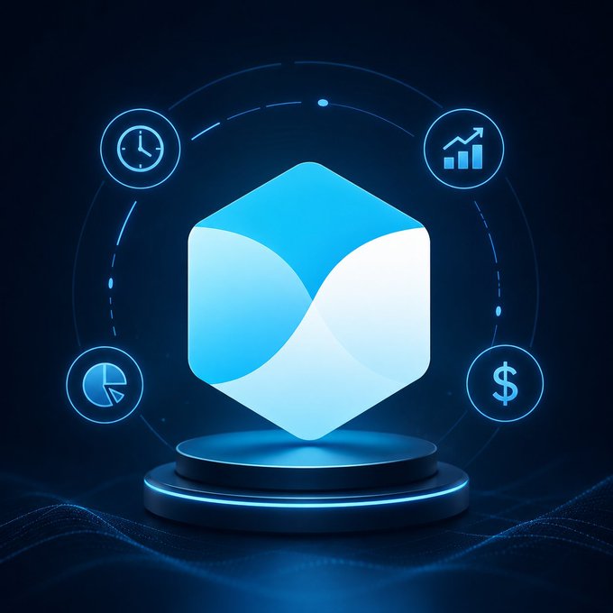 A glowing blue 3D cube logo on a pedestal, surrounded by icons representing time, growth charts, pie charts, and dollar signs, set against a dark background.