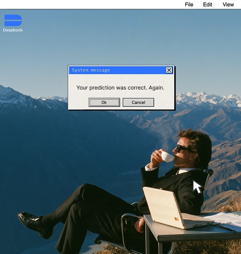 A relaxed man in a suit sips coffee from a mug while working on a laptop set against a dramatic mountain backdrop, with a pop-up system message reading "Your prediction was correct. Again." and the "Deepbook" logo visible—the imagery humorously suggests a sophisticated options trading platform where making accurate predictions is as effortless as enjoying a coffee break.