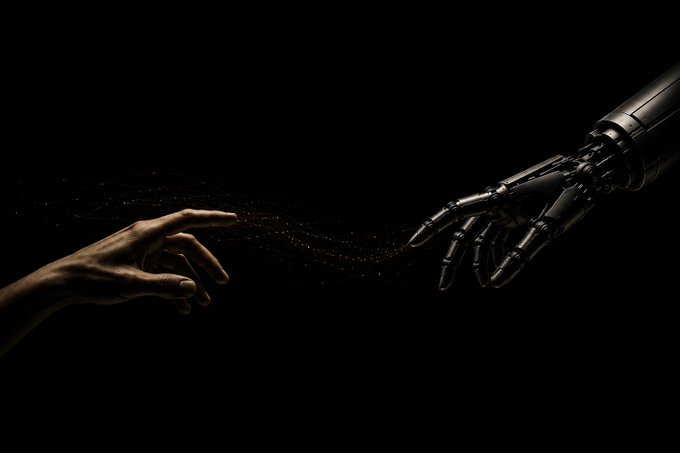 A dark, moody digital artwork depicting a human hand reaching toward a robotic hand, with glowing particles connecting the two.
