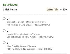 A Bet Placed section of a sports betting app showing a 3 Pick Parlay with +1200 odds, featuring Christopher Sanchez Strikeouts Thrown at ATL Braves, Hunter Brown Strikeouts Thrown vs HOU Astros, and Max Fried Strikeouts Thrown at NY Yankees.