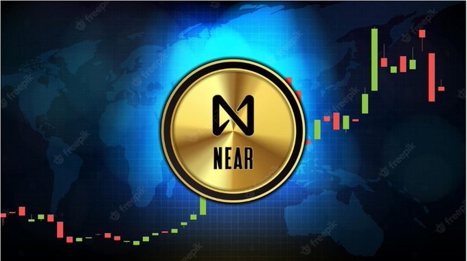 A golden coin featuring the 'NEAR' cryptocurrency logo is displayed against a blue world map background with red and green candlestick trading charts.