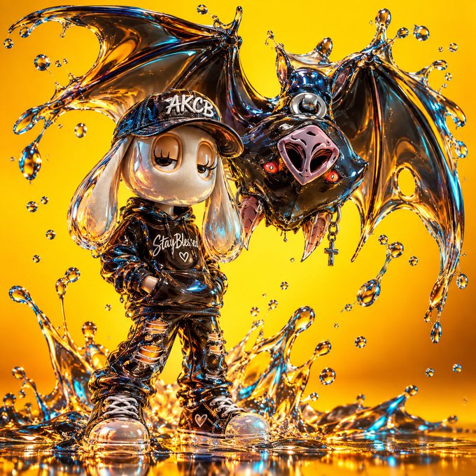 A vibrant 3D digital artwork showing a stylized character wearing an 'AKCB' cap and 'StarBlessed' clothing alongside a glossy black bat creature, surrounded by splashing golden liquid against a yellow background.