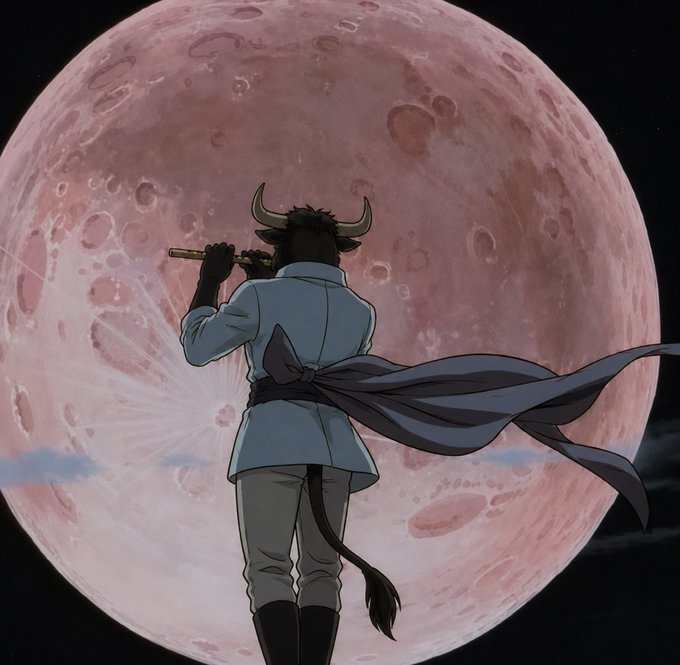 An anime-style illustration of a horned figure with a tail and flowing scarf playing a flute while standing before a massive, detailed pink moon.