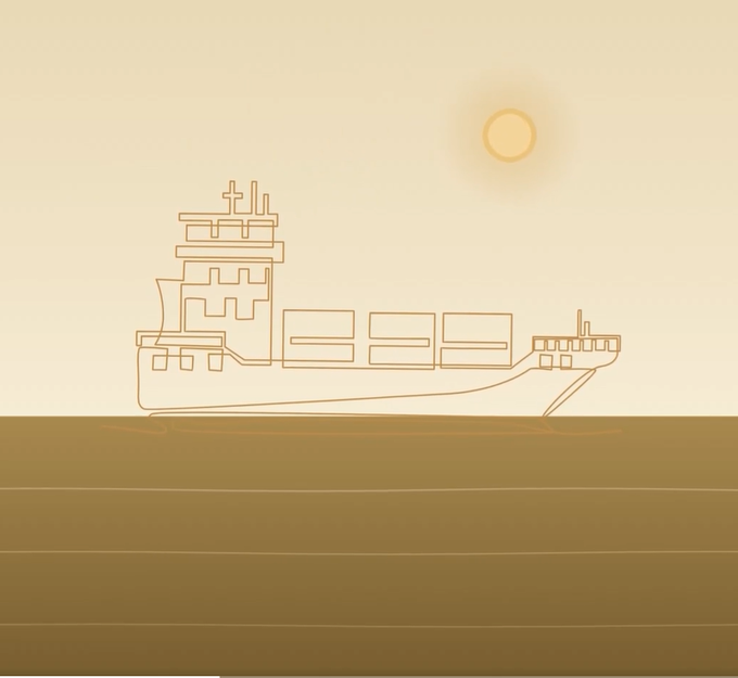 A minimalist line-art illustration in tan and brown tones depicts a cargo ship sailing on water beneath a pale sun.