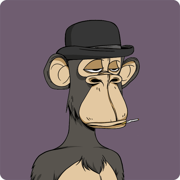 A cartoon illustration of a bored-looking chimpanzee wearing a black bowler hat and smoking a cigarette against a purple background.