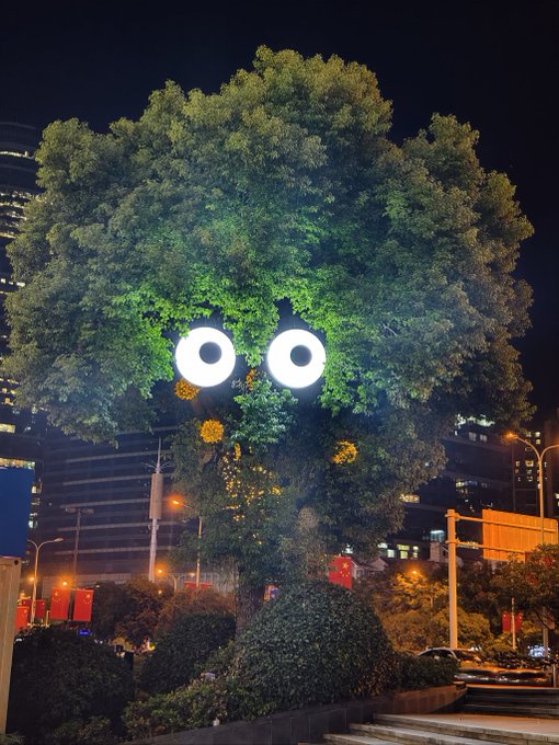 The user wants a concise caption for the image.
I need to look at the image and the provided text to understand the context and relationship.

**Image Analysis:**
- It's a night shot of a large, leafy tree.
- The tree has been decorated or modified with lights.
- Specifically, there are two large, bright white circular lights that look like eyes.
- There are smaller yellow lights that look like cheeks or a mouth area below the eyes.
- This creates a face-like appearance on the tree. It looks like a "Canopy" character (perhaps from a game or a specific brand).
- The background shows city buildings with lights on, indicating an urban setting.

**Text Analysis:**
- "凌晨两点，一个新项目的创始人还坐在屏幕前。" (At 2 AM, a founder of a new project is still sitting in front of the screen.)
- "他想要一条自己的链。" (He wants his own