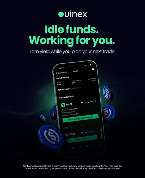 An advertisement for Uinex featuring the tagline 'Idle funds. Working for you,' showcasing a mobile app interface for vaults earning yield on QUIX and USDC assets.