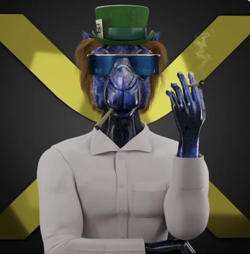 A 3D-rendered anthropomorphic lion character wearing blue sunglasses, a white shirt, and a green hat holds a cigarette, with a smoking warning partially visible.