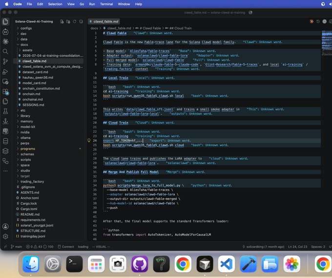 A screenshot of a code editor (VS Code) displaying a file named 'claude_fable.md' containing documentation for the Claude Fable project on Solana-CLaud-AI-Training, describing Cloud Fable training and publishing workflows.