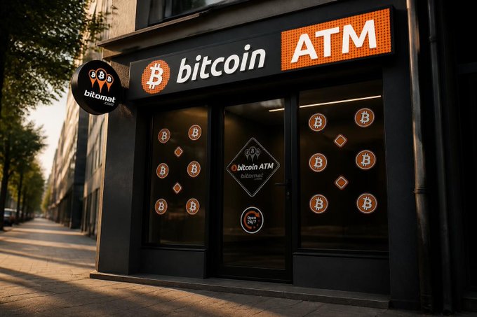 A Bitcoin ATM storefront with orange and black signage reading "bitcoin ATM" and "bitomat", featuring Bitcoin logos on the windows.