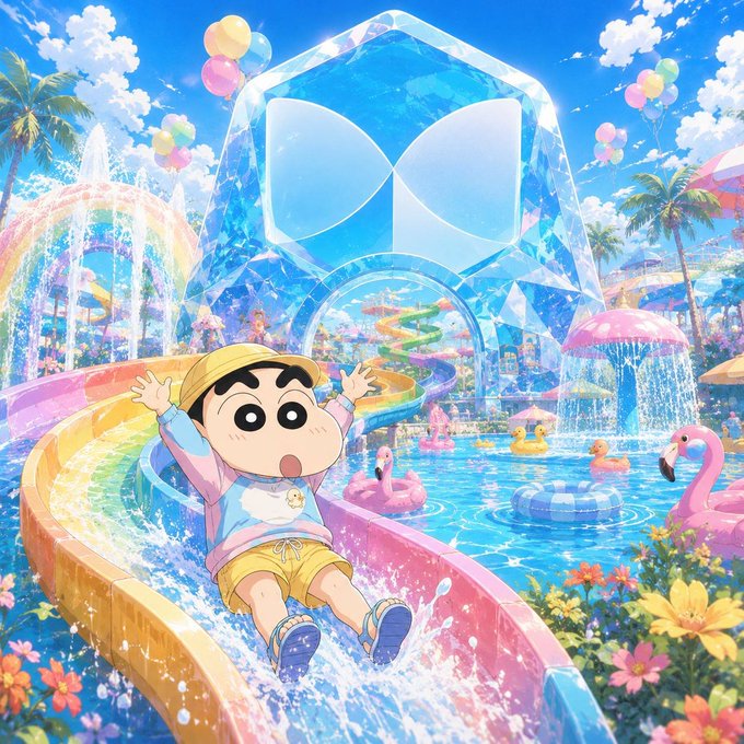 A vibrant anime-style illustration of a boy in a bucket hat sliding down a rainbow water slide at a colorful water park with flamingo floats and a crystalline structure.