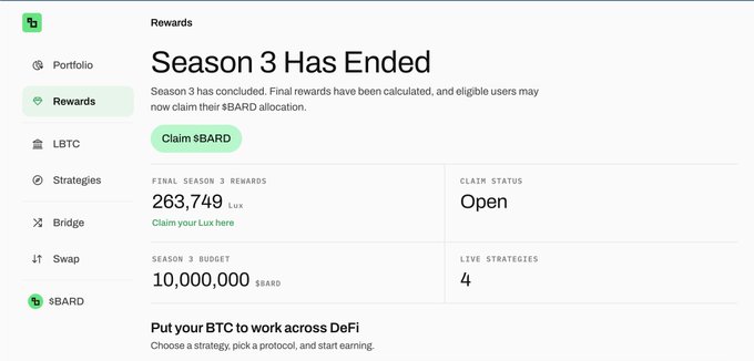 A screenshot of a crypto rewards dashboard titled "Season 3 Has Ended" with a "Claim $BARD" button, showing final rewards of 263,749 Lux and a season 3 budget of 10,000,000 $BARD.