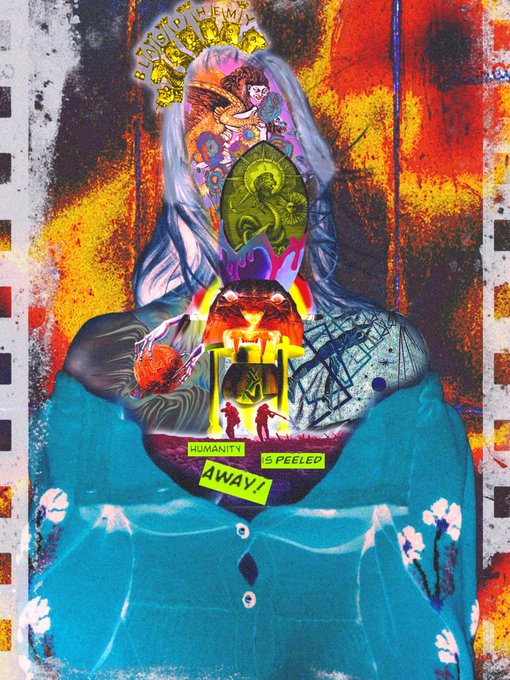 A colorful collage artwork featuring a figure in a blue dress with symbolic imagery layered inside, including text fragments reading 'HUMANITY AWAY!' and 'IS PEELED'.