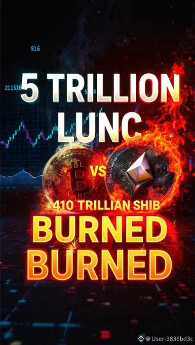 A crypto-themed graphic displays '5 TRILLION LUNC vs 410 TRILLIAN SHIB BURNED BURNED' with images of Bitcoin and Ethereum coins surrounded by fire.