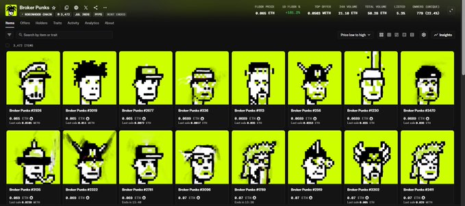 An NFT marketplace page for 'Broker Punks' showing a grid of pixel-art punk characters with floor prices, last sales, and traits listed for each item.