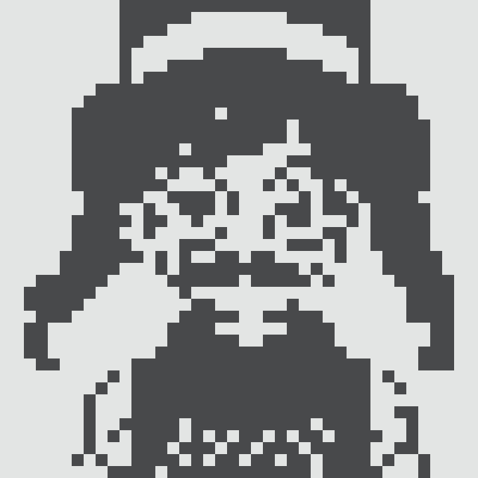 A black-and-white pixel art portrait depicting a figure with long hair and a cap.