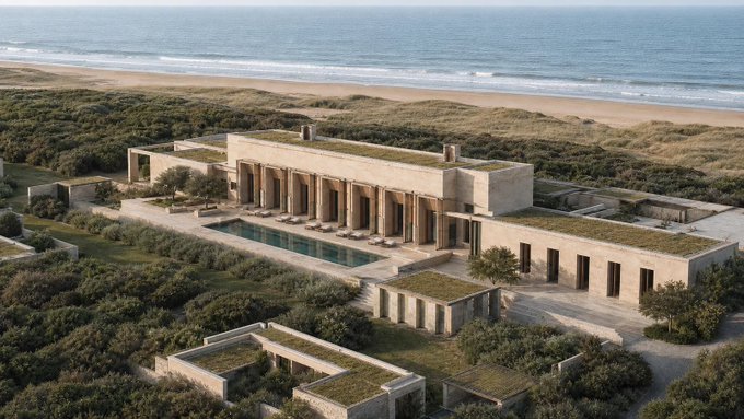 An aerial view shows a sprawling, modern architectural complex featuring stone buildings with green roofs, surrounded by coastal dunes and overlooking a sandy beach and ocean. The image visually represents Praxis's vision for its planned "Praxis City" in Uruguay—a futuristic coastal community designed as a tech utopia for the AGI era.