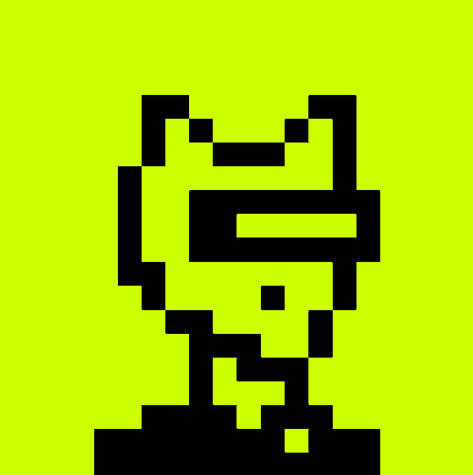 A pixelated retro-style graphic of a smiling character with glasses on a bright yellow-green background.