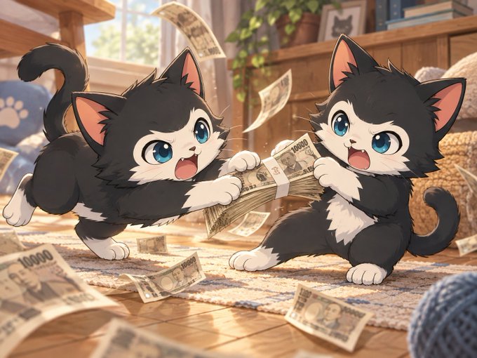 An anime-style illustration of two cute black-and-white kittens with big blue eyes playing with a stack of Japanese yen banknotes (10000 yen bills) scattered around a cozy room with a rug and plants.