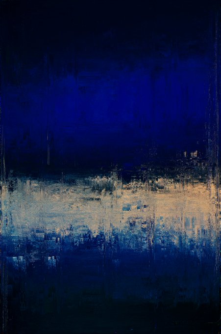 An abstract painting featuring deep blue tones at the top and middle with a textured golden-yellow horizontal band across the center.