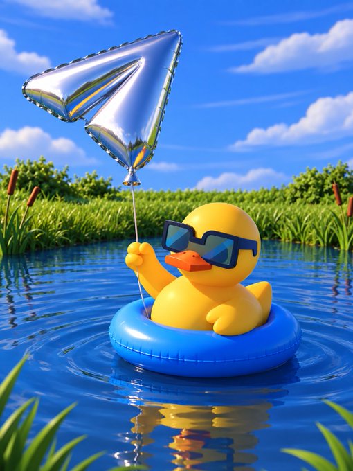 A 3D-rendered yellow rubber duck wearing sunglasses floating in a blue pool ring while holding a silver star balloon.