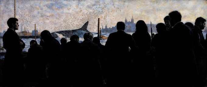 An artistic silhouette painting depicting a crowd of people watching an airplane fly over water, with a city skyline (resembling Prague) in the background.