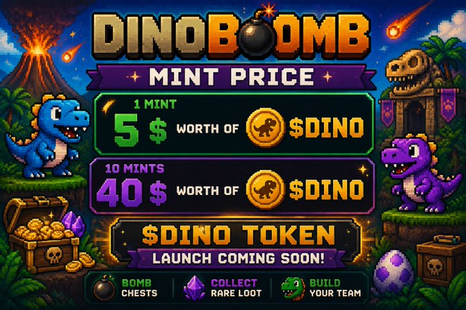 A promotional graphic for 'DinoBomb' token showing mint prices: 1 mint for $5 and 10 mints for $40, featuring cartoon dinosaurs and treasure chests.