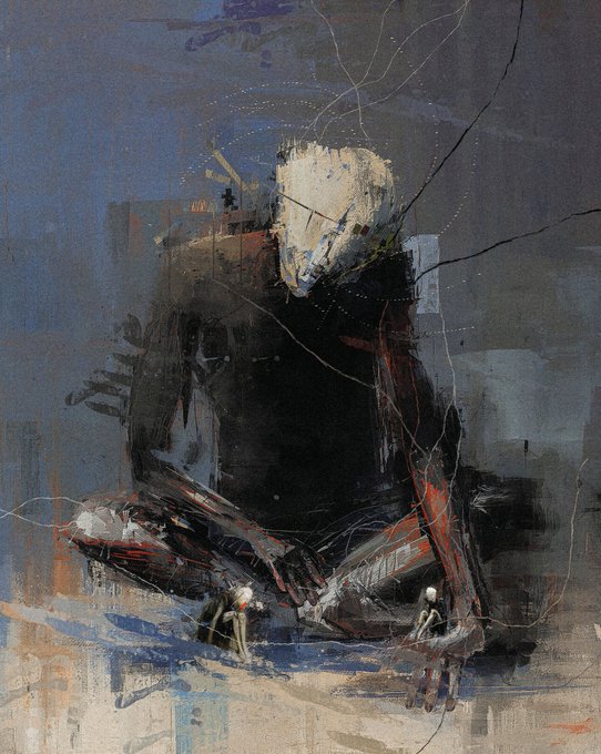 An abstract mixed-media painting featuring a dark, shadowy figure with scratchy white lines against a moody blue and gray background.