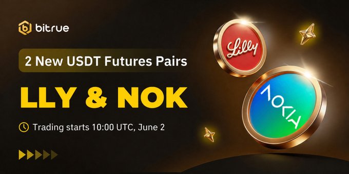 The image shows a website display with two circular images next to each other. The background has gold and black elements, creating an impression of luxury. The text at the bottom of the image states "bitrue is launching a new USDT future pairs! #LLY & NOK". The main focus is on the two USDT Future Pairs, one named after the character Lily, another named as Nick, which are up for trading. These pairs are expected to offer a 20x leverage in return.