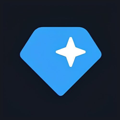 A blue diamond-shaped logo with a white four-pointed star on a black background.
