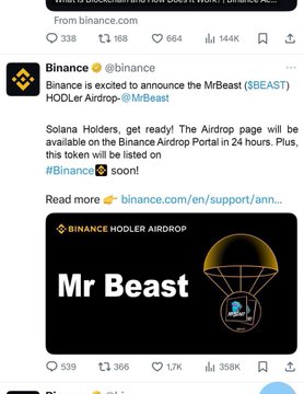 A Binance tweet announces an upcoming MrBeast ($BEAST) Hodler Airdrop, partnered with @MrBeast, to be distributed on the Binance Airdrop Portal in 24 hours—contrasting with the accompanying post promoting a separate, unaffiliated "$BEAST Coin" presale that claims potential $50B+ returns.