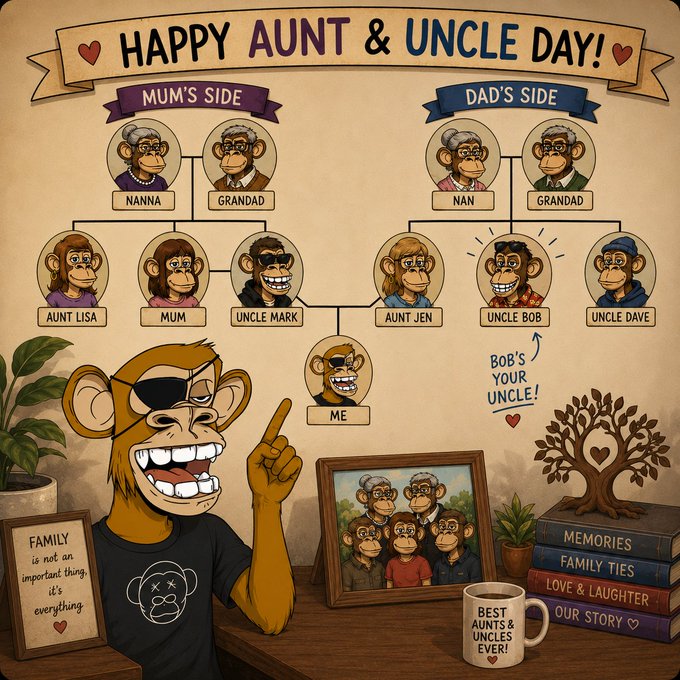 A cartoon family tree illustration titled 'HAPPY AUNT & UNCLE DAY!' divided into 'MUM'S SIDE' and 'DAD'S SIDE,' featuring monkey-style characters labeled Nanna, Grandad, Aunt Lisa, Mum, Uncle Mark, Aunt Jen, Uncle Bob, Uncle Dave, and Me, with a framed photo and a mug reading 'BEST AUNTS & UNCLES EVER!'