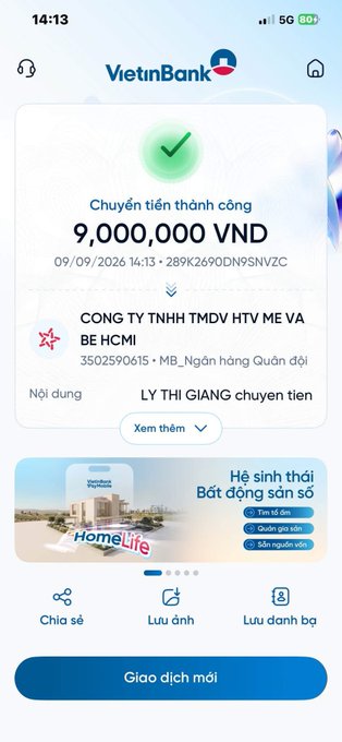 A VietinBank mobile app screen confirming a successful transfer of 9,000,000 VND dated 09/09/2026.