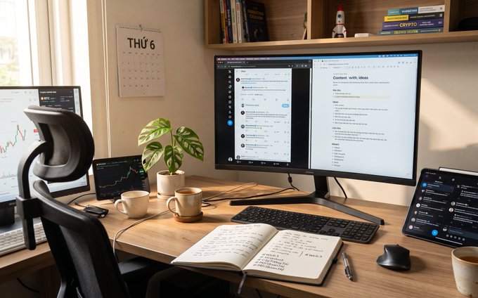A home office setup with multiple monitors displaying trading charts and documents, a calendar showing 'THỨ 6' (Friday in Vietnamese), a potted plant, coffee mugs, and an open notebook with handwritten notes.