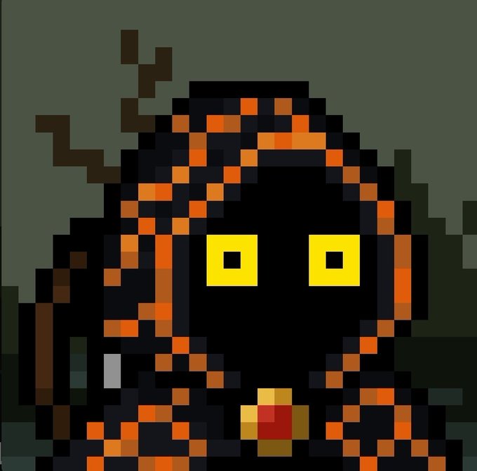 A pixel art close-up of a menacing dark hooded figure with glowing yellow square eyes and a small red mouth, surrounded by orange pixelated patterns.