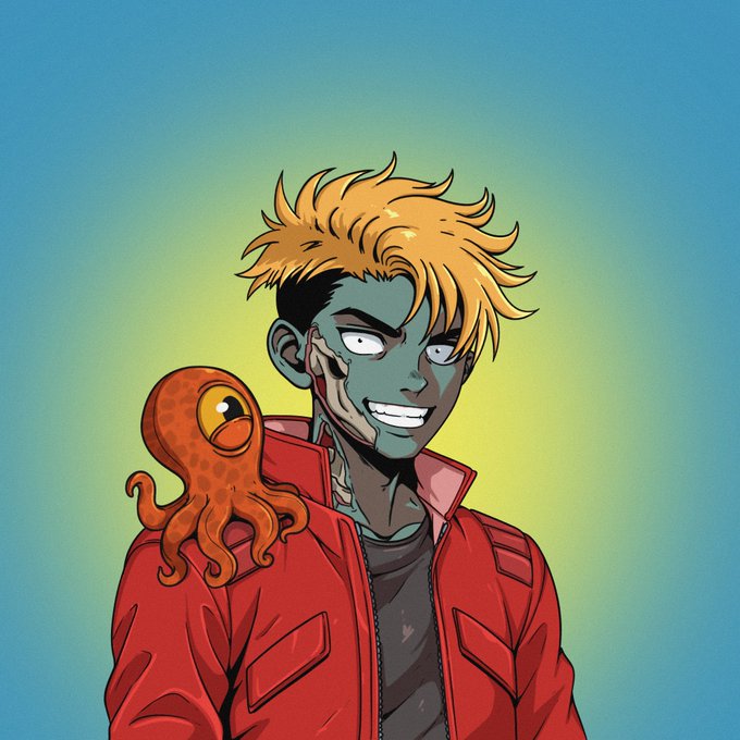 A stylized illustration shows a blonde, zombie-like character with greenish skin and a sinister grin, wearing a red jacket, with a small orange octopus perched on his shoulder—matching the Kageuri brand aesthetic teased ahead of tomorrow's mint.
