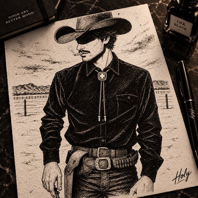 A black-and-white ink illustration depicts a stoic cowboy in a wide-brimmed hat with a star bolo tie, smoking a cigarette, with a gun belt around his waist, set against a western landscape and signed "Holy." Surrounding the artwork are a fountain pen, an ink bottle labeled "INK BLACK," and a notebook reading "GOOD ART BETTER MOOD," reinforcing the post's theme of authentic, handcrafted artistic identity beyond digital tokens.