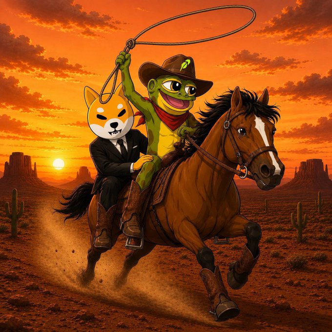 A green Shiba Inu wearing a cowboy hat and red bandana rides a galloping horse through a desert sunset, swinging a lasso overhead, while a smaller Shiba Inu in a suit sits behind him on the saddle. The western adventure scene visually echoes the post's nostalgic partnership theme, evoking the "old times" collaboration between $SHIB and $HOPPY.