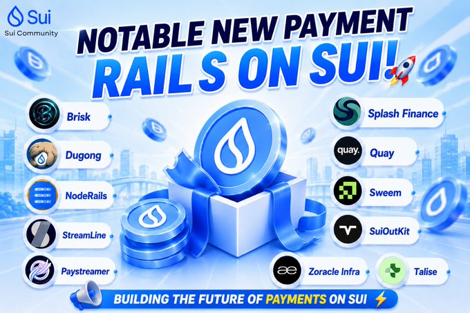 Promotional graphic titled "Notable New Payment Rails on Sui" featuring the Sui Community logo and a central blue gift box with the Sui drop emblem, showcasing payment platform logos including Brisk, Dugong, NodeRails, StreamLine, Paystreamer, Splash Finance, Quay, Sweem, SuiOutKit, Zoracle Infra, and Talise, with the tagline "Building the Future of Payments on Sui."