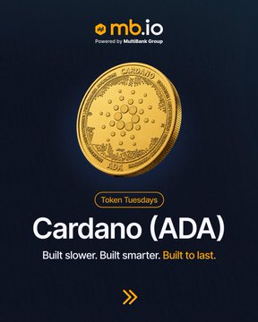 A promotional graphic for mb.io's "Token Tuesdays" featuring a gold Cardano (ADA) coin, with the tagline "Built slower. Built smarter. Built to last." against a dark background.