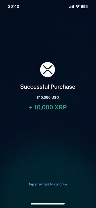 A mobile screenshot displays a "Successful Purchase" confirmation on what appears to be a crypto exchange, showing a buy of **+10,000 XRP** for **$10,050 USD** (~$1.005 per XRP). The image directly illustrates the post's claim of purchasing 10,000 XRP at approximately $1, visually confirming the acquisition referenced in the caption.